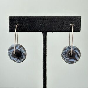 Modernist Ceramic Disc Beaded Wire Hook Earrings Artisan Brutalist Handmade